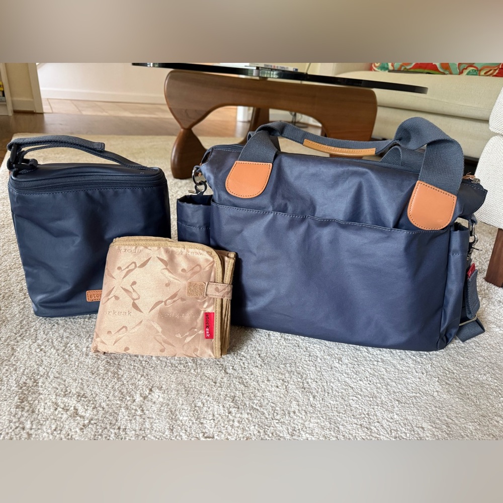 Storksak Blue and Tan Duffel Bag Set Like new